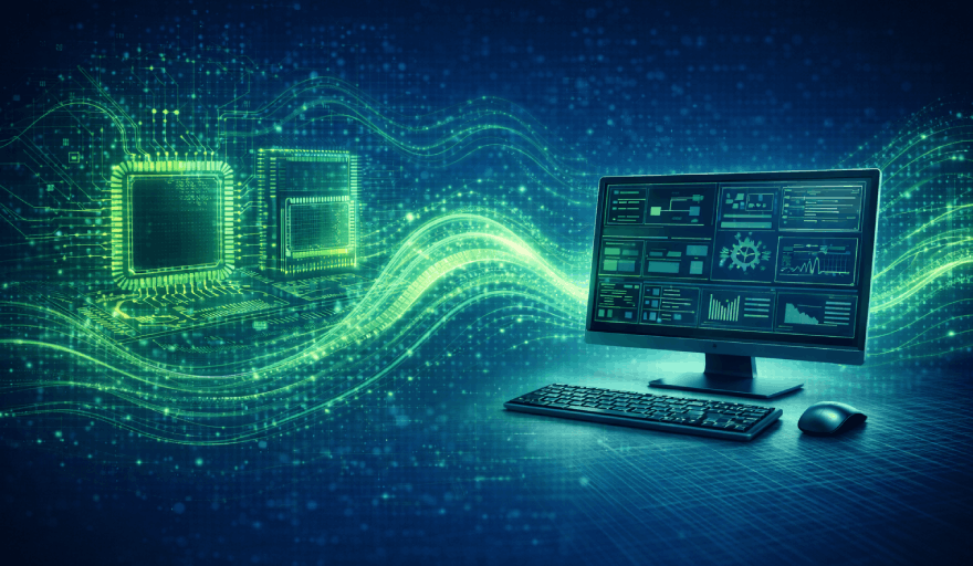 Image of a computer with a server rack, representing scalable software