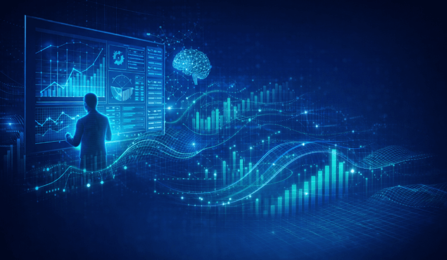 Image of a man with a hologram and flowing data