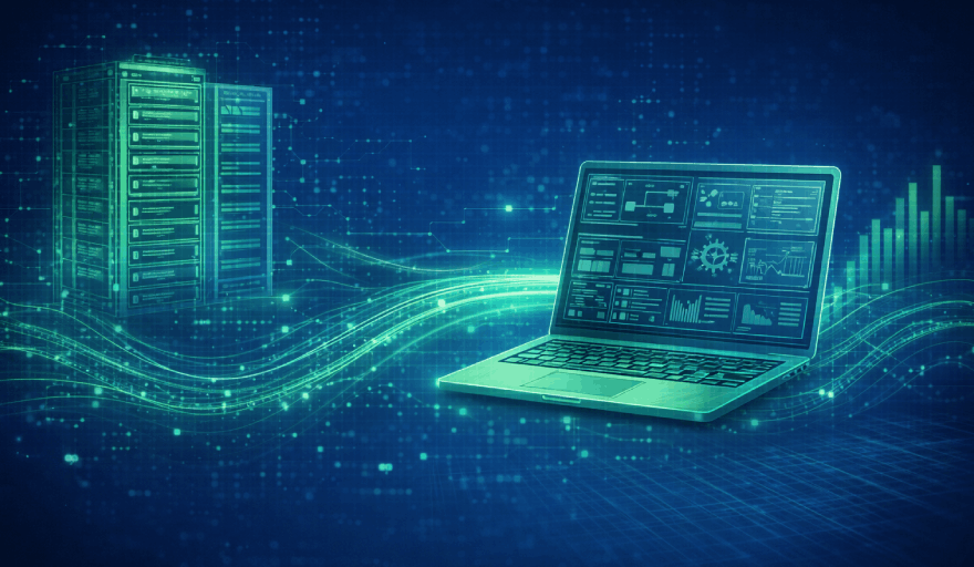 Image of a computer with a server rack, representing scalable software